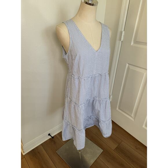 J. Crew Seersucker Ruffle Tiered Mini Dress Blue White Striped 6 Coastal Prairie - Picture 10 of 16